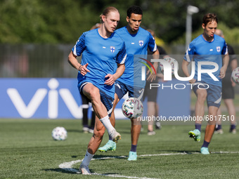 (L to R) Fredrik Jensen, Pyry Soiri and Lassi Lappalainen of Finland in action during a Finland national team training session ahead of thei...