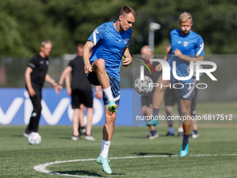Leo Vaisanen (C) of Finland in action during a Finland national team training session ahead of their UEFA Euro 2020 match against Belgium on...