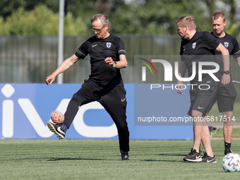 Finland head coach Markku Kanerva (L) during a Finland national team training session ahead of their UEFA Euro 2020 match against Belgium on...