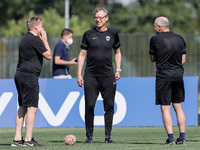 Finland head coach Markku Kanerva (C) during a Finland national team training session ahead of their UEFA Euro 2020 match against Belgium on...