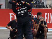 Max Verstappen of Netherlands and Sergio "Checho" Perez of Mexico and Red Bull Racing greets each other after the F1 Grand Prix of France at...