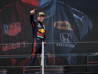 Sergio "Checho" Perez of Mexico and Red Bull Racing in the podium during the F1 Grand Prix of France at Circuit Paul Ricard on June 27, 2021...