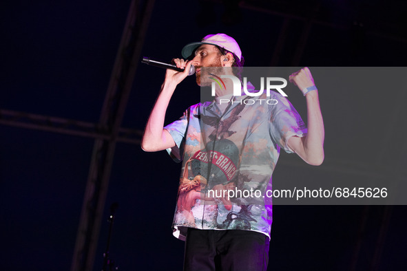 The italian singer and songwriter Mecna (Corrado Grilli) performs live at Carroponte on July 1, 2021 in Sesto San Giovanni Milan, Italy. 