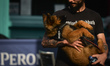 A man carries a young dog on the street in the Temple Bar area in Dublin city center. On T...