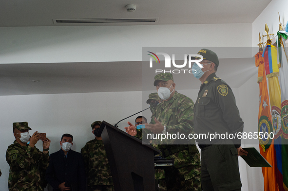 Commander of Colombia's Military General Luis Fernando Navarro talks as Colombia's high rand military and police generals, Major General of...