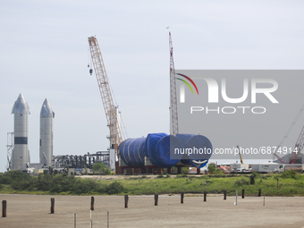 Two Starships now stand inside the SpaceX build site in South Texas. Boca Chica, Texas, July 13th, 2021.  (