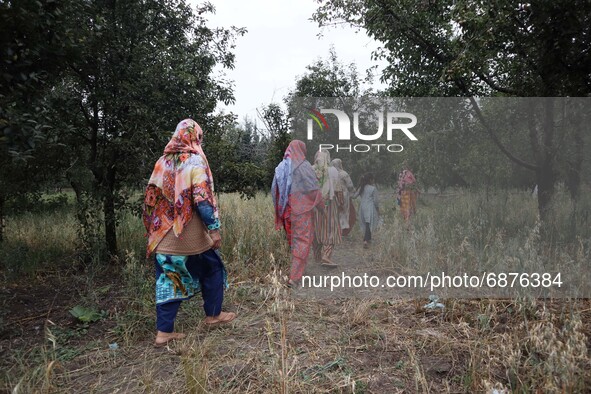 Kashmiri women walk towards the damaged residential house where three militants were killed in a military operation in Newa area of Pulwama...