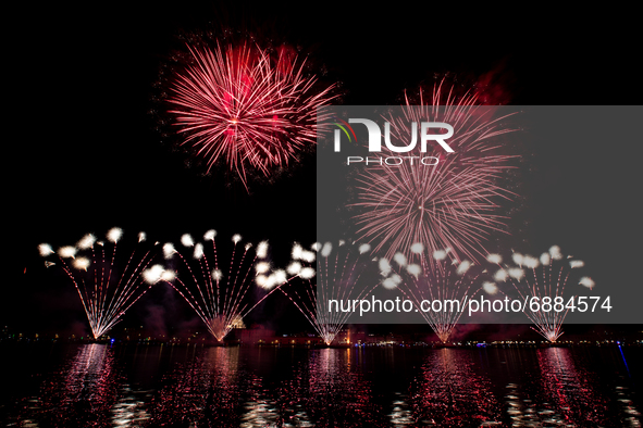 Fireworks explode over the St. Mark's Basin for the Redentore Celebrations during the night from 17 to 18 July, 2021 in Venice, Italy. Reden...