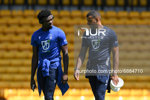 
Loic Mbe Soh of (6) Nottingham Forest and Nottingham Forest first-team coach, Steven Reid during the Pre-season Friendly match between Port...