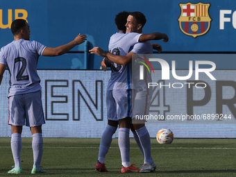 Rey Manaj of Barcelona celebrates after scoring his sides first goal during the pre-season friendly match between FC Barcelona and Girona FC...