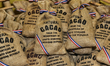 Bags of Dominican cacao beans at a small shop in La Romana City in the Dominican Republic,...