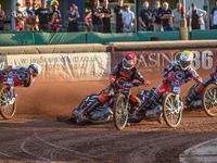  Sam Masters (Red) leads Brady Kurtz  (White), Richie Worrall  (Yellow) and Broc Nicol  (Blue)  during the SGB Premiership match between Wol...
