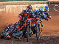  Sam Masters  (Red) leads Richie Worrall  (Yellow) and Broc Nicol  (Blue) during the SGB Premiership match between Wolverhampton Wolves and...