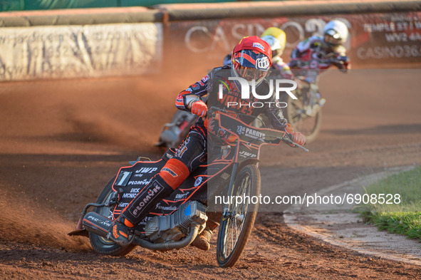  Sam Masters  (Red) well ahead of Belle Vue BikeRight Aces  riders Richie Worrall  (Yellow) and Brady Kurtz (White) during the SGB Premiersh...