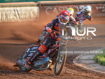 Sam Masters  (Red) well ahead of Belle Vue BikeRight Aces  riders Richie Worrall  (Yellow) and Brady Kurtz (White) during the SGB Premiersh...