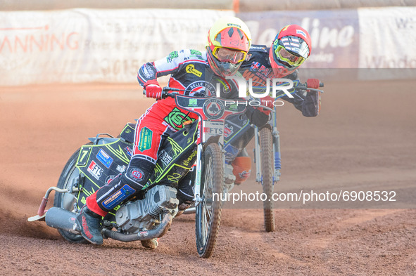 Jye Etheridge  (Yellow) leads Ryan Douglas  (Red) during the SGB Premiership match between Wolverhampton Wolves and Belle Vue Aces at the L...