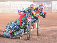  Jye Etheridge  (Yellow) leads Ryan Douglas  (Red) during the SGB Premiership match between Wolverhampton Wolves and Belle Vue Aces at the L...
