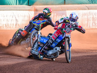  Steve Worrall  (White) leads Nick Morris  (Red) during the SGB Premiership match between Wolverhampton Wolves and Belle Vue Aces at the Lad...