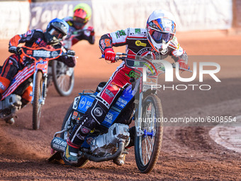  Steve Worrall  (White) leads Luke Becker (Blue) and Charles Wright y\during the SGB Premiership match between Wolverhampton Wolves and Bell...