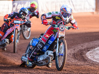  Steve Worrall  (White) leads Luke Becker (Blue) and Charles Wright y\during the SGB Premiership match between Wolverhampton Wolves and Bell...