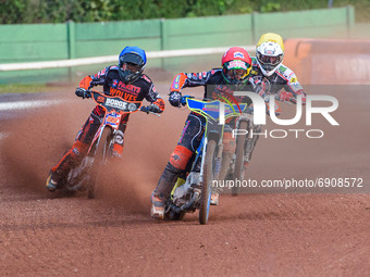  Nick Morris  (Red) leads Richie Worrall  (Yellow) and Luke Becker  (Blue) during the SGB Premiership match between Wolverhampton Wolves and...