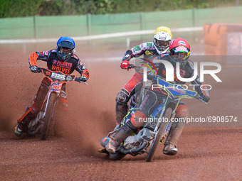  Nick Morris  (Red) leads Richie Worrall  (Yellow) and Luke Becker  (Blue) during the SGB Premiership match between Wolverhampton Wolves and...