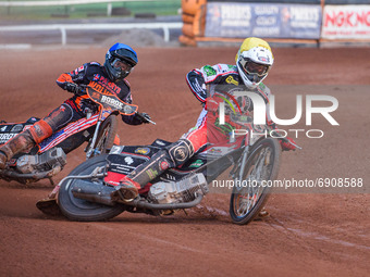  Richie Worrall  (Yellow) leads Luke Becker  (Blue) during the SGB Premiership match between Wolverhampton Wolves and Belle Vue Aces at the...