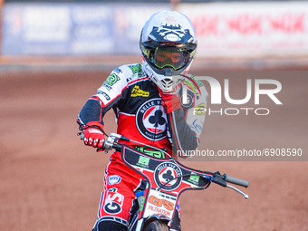  Dan Bewley  adjusts his helmet as he rides towards the start of heat 6 during the SGB Premiership match between Wolverhampton Wolves and Be...