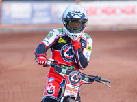  Dan Bewley  adjusts his helmet as he rides towards the start of heat 6 during the SGB Premiership match between Wolverhampton Wolves and Be...