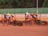   Sam Masters  (Blue) leads Dan Bewley  (White), Steve Worrall  (Yellow) and Nick Morris  (Red)during the SGB Premiership match between Wolv...