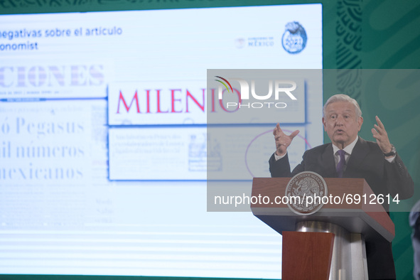 Mexico’s President Andres Manuel Lopez Obrador, talks about spy software ‘Pegasus’ during his daily news conference at National Palace on Ju...