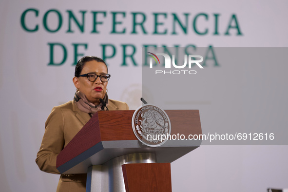 Mexico's Head of Security, Rosa Icela Rodriguez speaks during daily news conference of Mexico’s President Lopez Obrador, at National Palace...