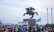 Speech in front of the statue of Alexander the Great when the demo finished. Hundreds of p...