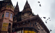 An indian man feeds pigeons during rains at Darbhanga Ghat,on the Banks of River Ganges,in...