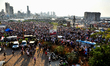 Lebanese protesters gathered in mourning near Beirut's port on August 4, 2021 in Beirut, L...