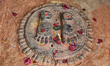 Paduka (the footprints of the Hindu god Shiva) at a small shrine at the Pashupatinath Temp...
