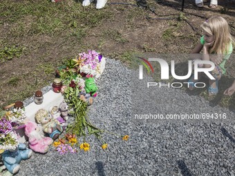A child looks a toys memorial in the place where the malaysian flight MH17 fell in the Hrabove village, Ukraine, during the celebrations of...