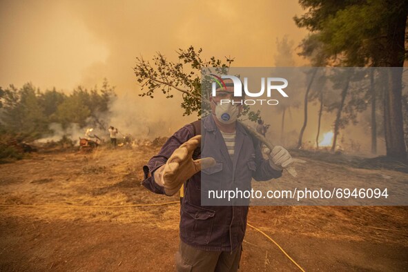 Firefiighters in the Pefki village, in Evia Island, Greece, on August 8, 2021. The European Union announced that it would be sending aid to...