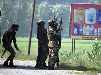 An Indian army soldiers near the site of encounter in south Kashmir's Kulgam area, India on August 13, 2021. Inspector General of Police (IG...