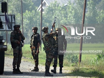 An Indian army soldiers near the site of encounter in south Kashmir's Kulgam area, India on August 13, 2021. Inspector General of Police (IG...