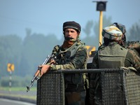 An Indian army vehicle moves near the site of encounter in south Kashmir's Kulgam area, India on August 13, 2021. Inspector General of Polic...