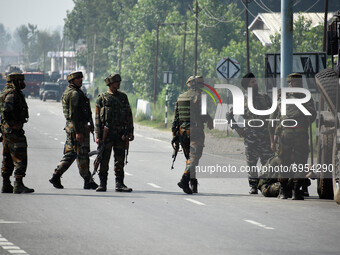 Indian army soldiers near the site of encounter in south Kashmir's Kulgam area, India on August 13, 2021. Inspector General of Police (IGP)...