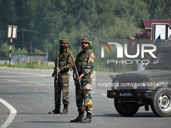 Indian army soldiers near the site of encounter in south Kashmir's Kulgam area, India on August 13, 2021. Inspector General of Police (IGP)...