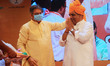 Union  Minister Bhupendra Yadav being welcomed by  Rajasthan President Satish Poonia durin...