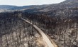 Panoramic aerial bird's eye view of a drone shows devastating aftermath of wildfires in Ev...