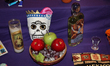 Decorated skull amongst offerings during the Day of the Dead celebrations in Toronto, Onta...