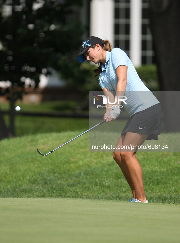 Therese Koelbaek chips onto the green at the 14th green after finishing the hole during the second round of the Marathon LPGA Classic golf t...