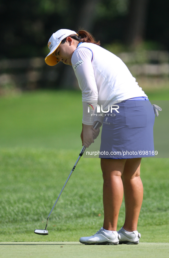 Inbee Park of Seoul, South Korea follows her shot at the 14th green after finishing the hole during the second round of the Marathon LPGA Cl...