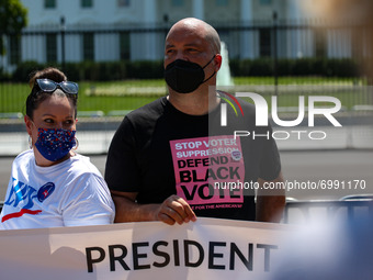 Ben Jealous, President of People For the American Way, participates in a civil disobedience in front of the White House on August 24, 2021,...