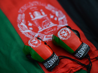 Mini boxing gloves seen on a striped black-red-green national flag of Afghanistan during a rally.
 Members of the local Afghan diaspora, act...